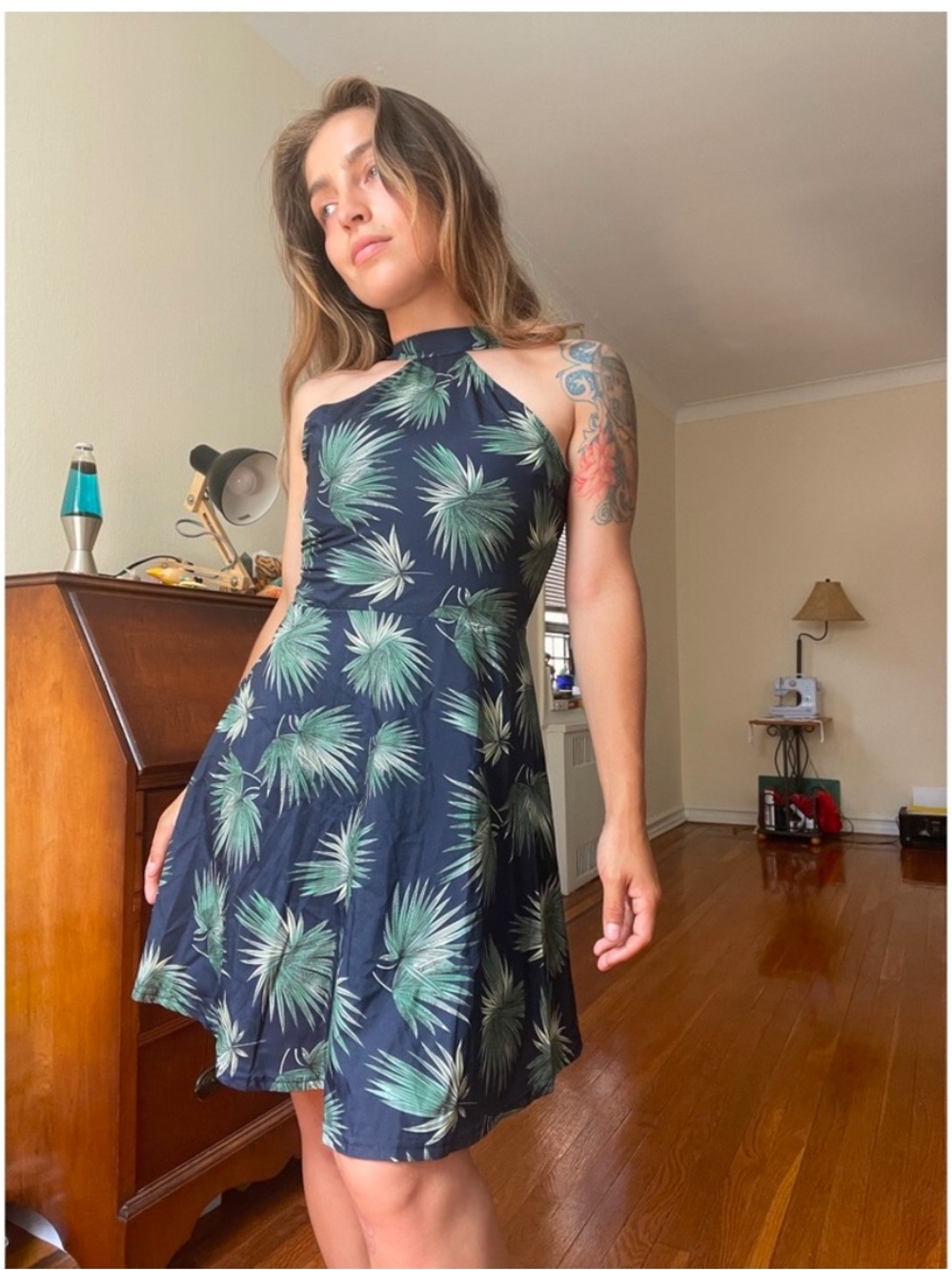 YOINS Black Mini Dress with Green Palm Print